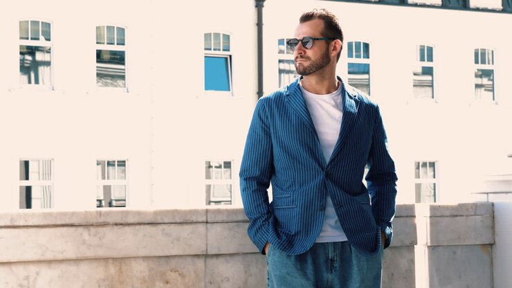 Uomo con elegante blazer a righe e jeans