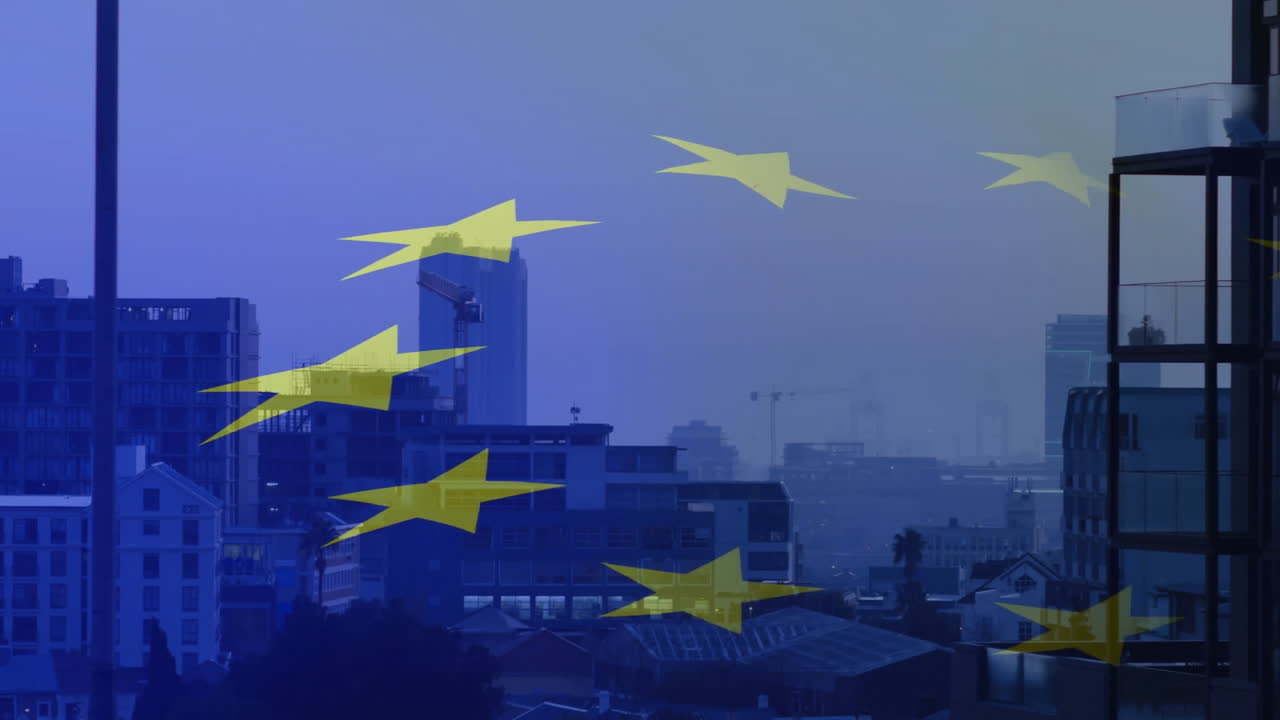 European Union stars animation over cityscape with buildings and cranes