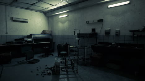 abandoned room with scattered furniture and dim lighting in a deserted building