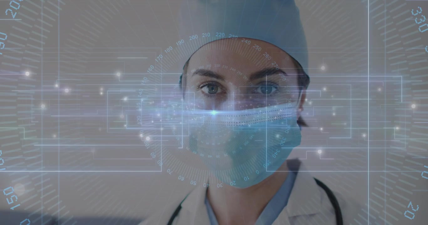 Professionista medico che chiude gli occhi avviando una scansione sanitaria in AR con un anello di dati numerici rotante.