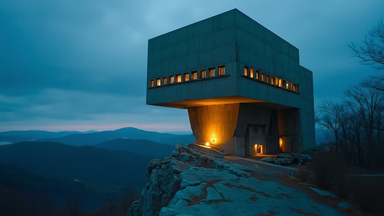 A building on top of a mountain at night