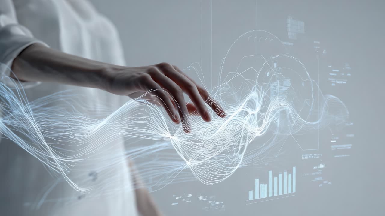 A futuristic portrayal of human interaction with digital technology, showcasing a hand reaching out to ethereal data streams, symbolizing the convergence of human touch and digital innovation through interactive design