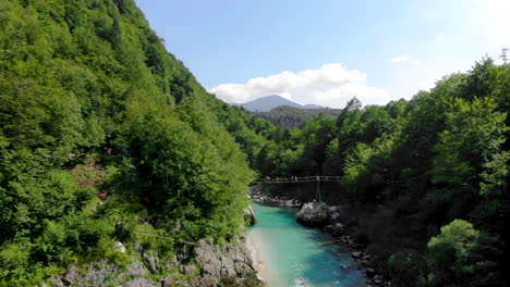 Suspension-Bridge,-Soca-River,-Soca-Valley,-Slovenia,-Drone-4k