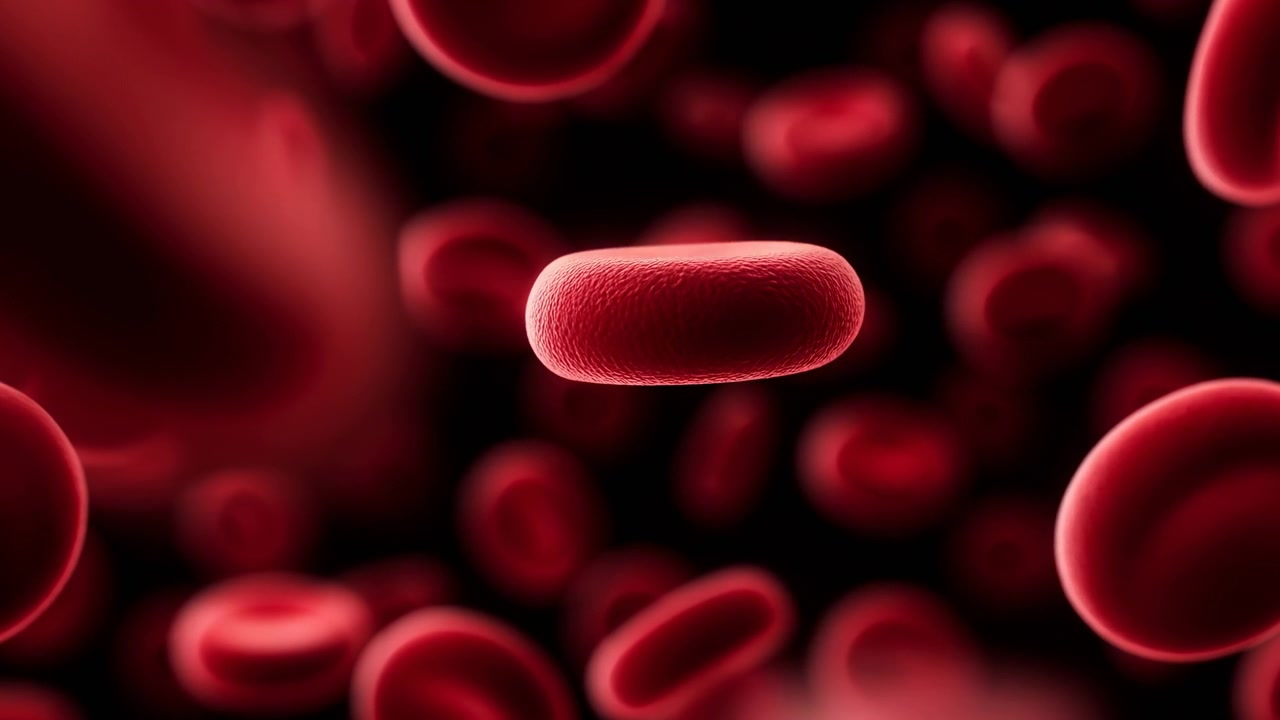 Close view of red blood cells floating against a dark background, with one larger cell in sharp focus and softer cells blurred around it. The scene suggests