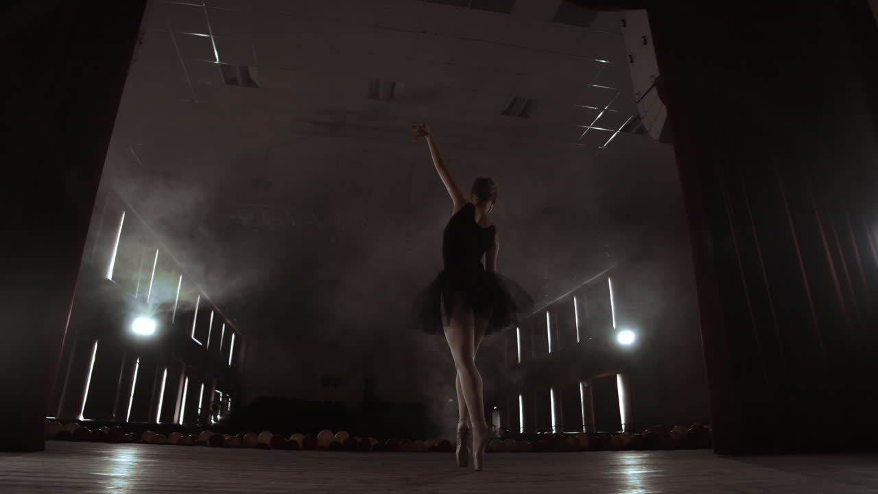 un primer plano de las piernas de la bailarina. ella baila con sus zapatillas de ballet. ella lleva un vestido de tutu negro. filmado en un estudio brillante y soleado. en cámara lenta.