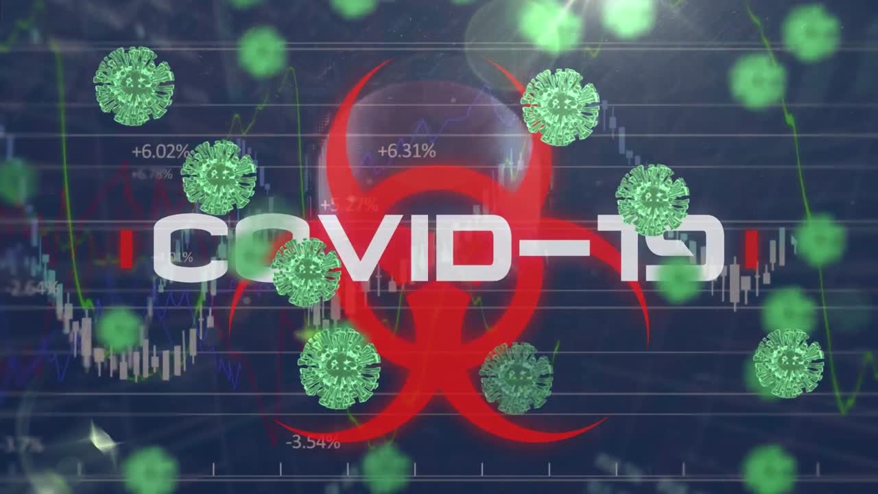 animación de las células del virus, el riesgo biológico y la covid sobre el gráfico en la pantalla digital