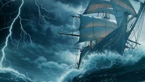 a dramatic storm howls fiercely around a majestic tall ship, skillfully navigating the tumultuous waters beneath an ominous dark sky