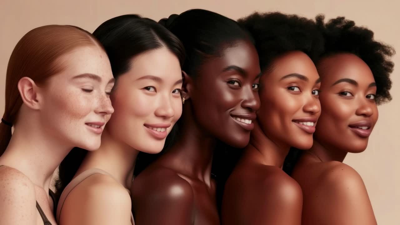 Eine vielfältige Gruppe von Frauen, die lächeln, in einer Nahaufnahme, Seitenprofilansicht