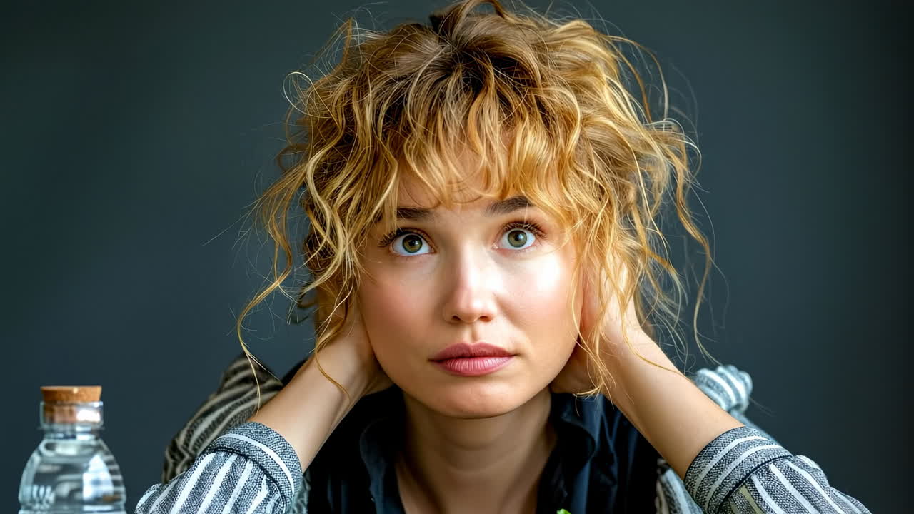 Overwhelmed in silence. A young woman with curly hair looks up thoughtfully while covering her ears