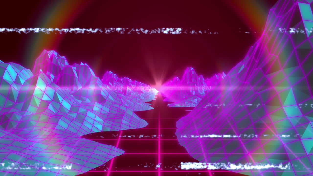 Animation of lines of distortion, over moving pink grid valley with purple landscape
