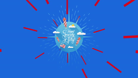 animation of 4th of july text on american flag colours on blue background