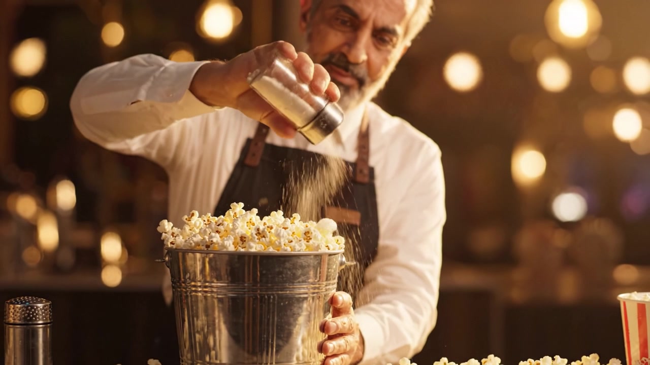 Venditore di popcorn esperto sparge il condimento su popcorn appena fatti in un ambiente accogliente con illuminazione calda e atmosfera invitante.