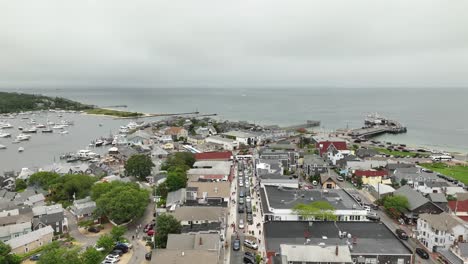 drone shot of the oak bluffs downtown area in the seaside town on the east coast