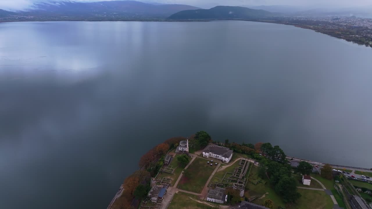 Drone capturing Ioannina's old quarters by the lake Greece