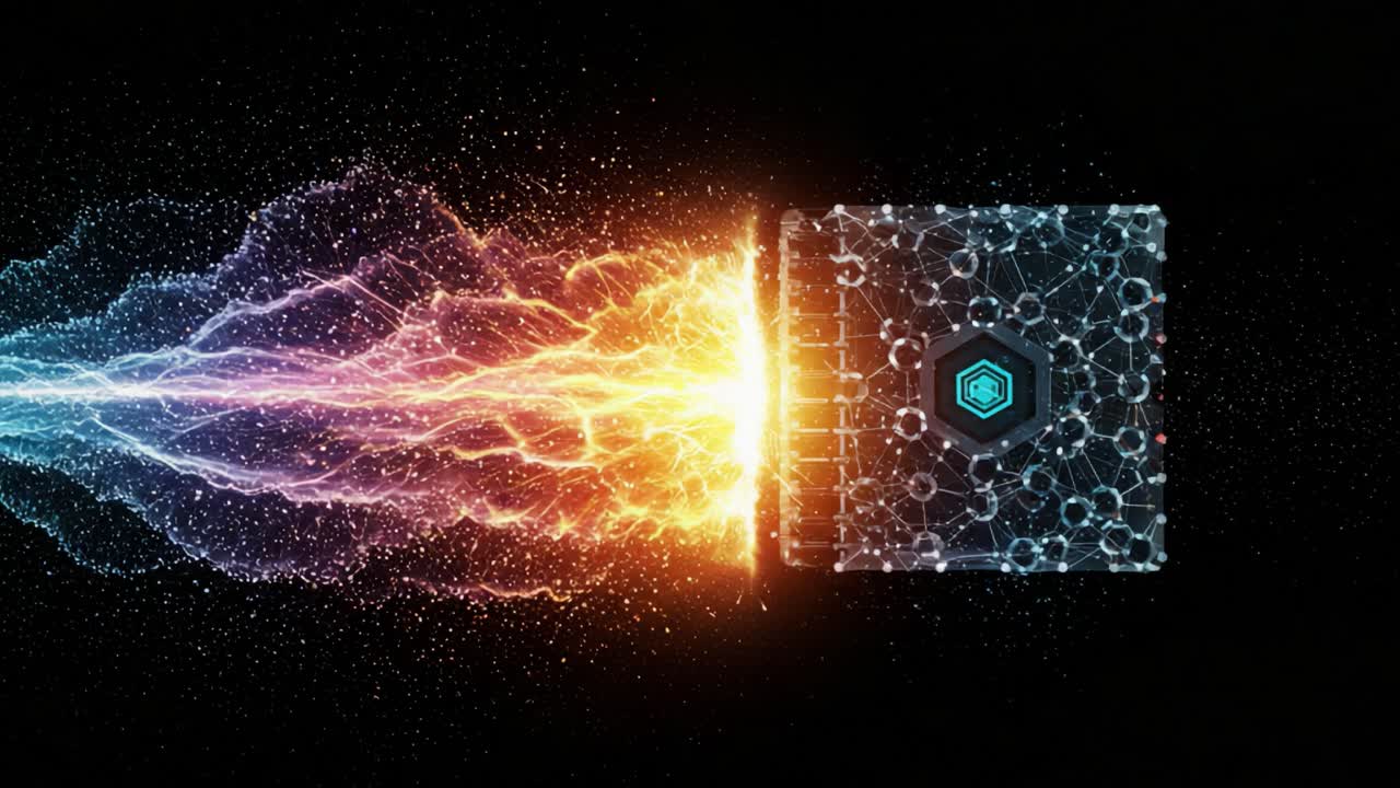 A Dynamic Visualization of Energy Transformation, Showcasing Explosive Colorful Particles Emanating from a High-Tech Cube in a Dark Background