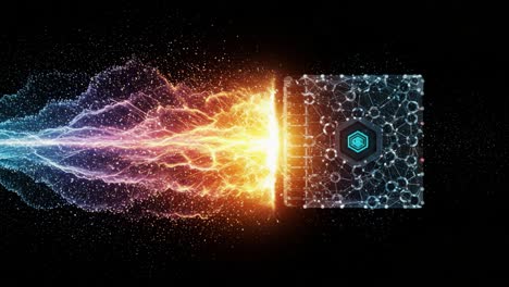 a dynamic visualization of energy transformation, showcasing explosive colorful particles emanating from a high-tech cube in a dark background