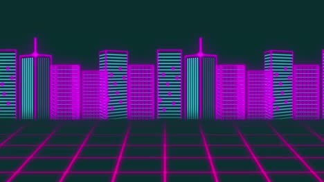 animación de modelo de paisaje urbano en neón 3d sobre red de cuadrícula contra un fondo negro.