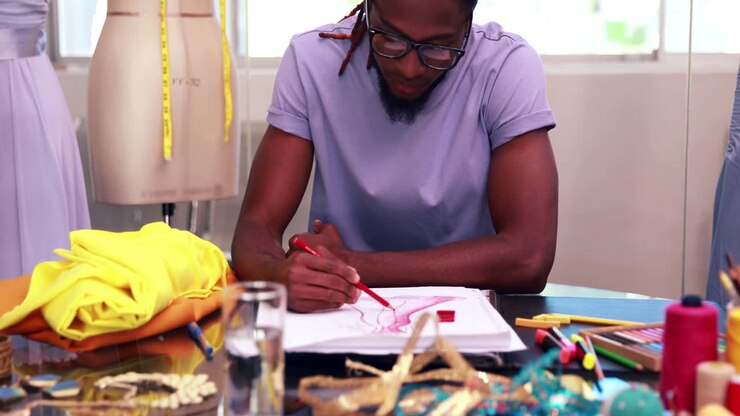 Focused fashion student drawing a dress