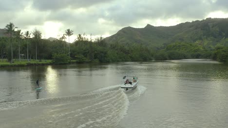4k aerial drone over vacationers on river in lush hawaiian valley