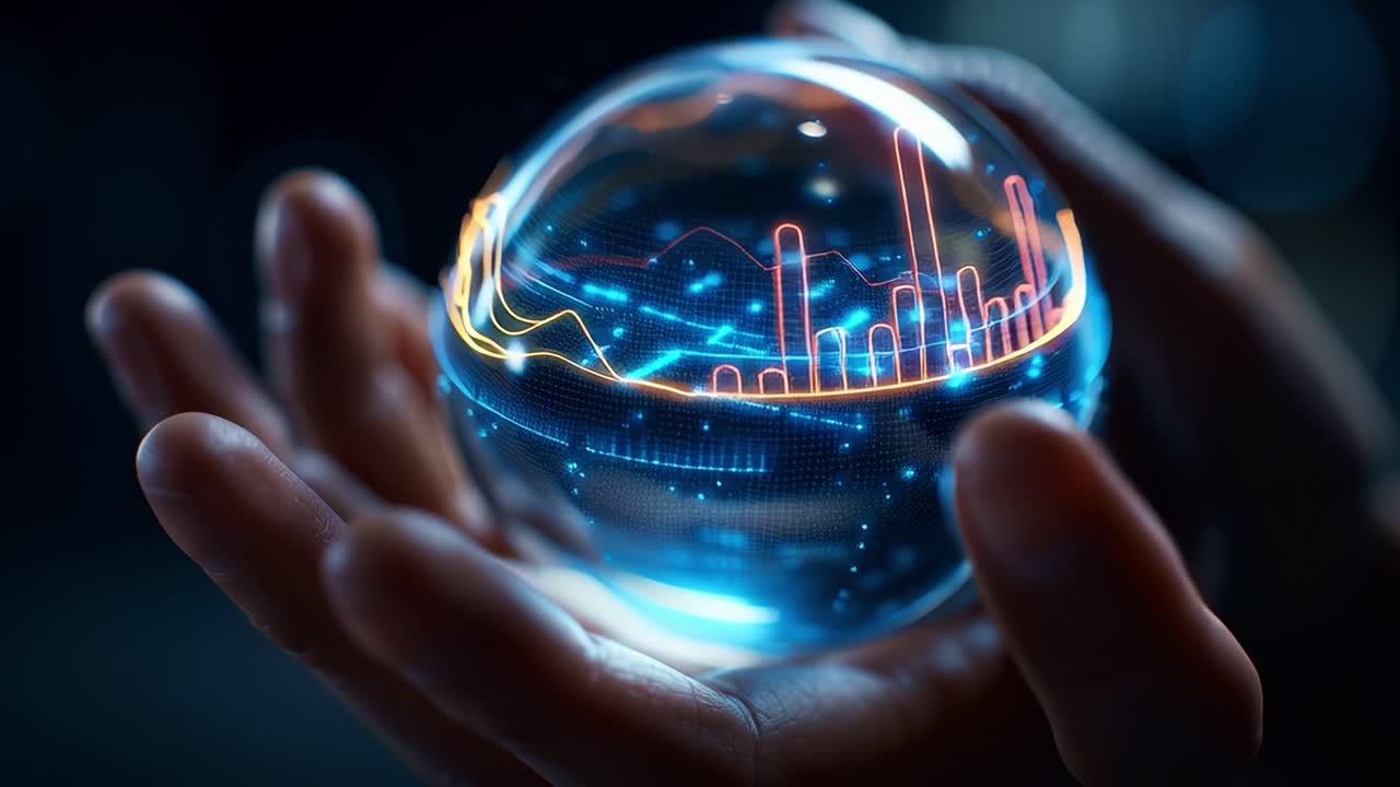 A mesmerizing crystal orb held gently in a hand, illustrating intricate data visualizations with vibrant colors that showcase flowing lines and bars, representing digital information and progress