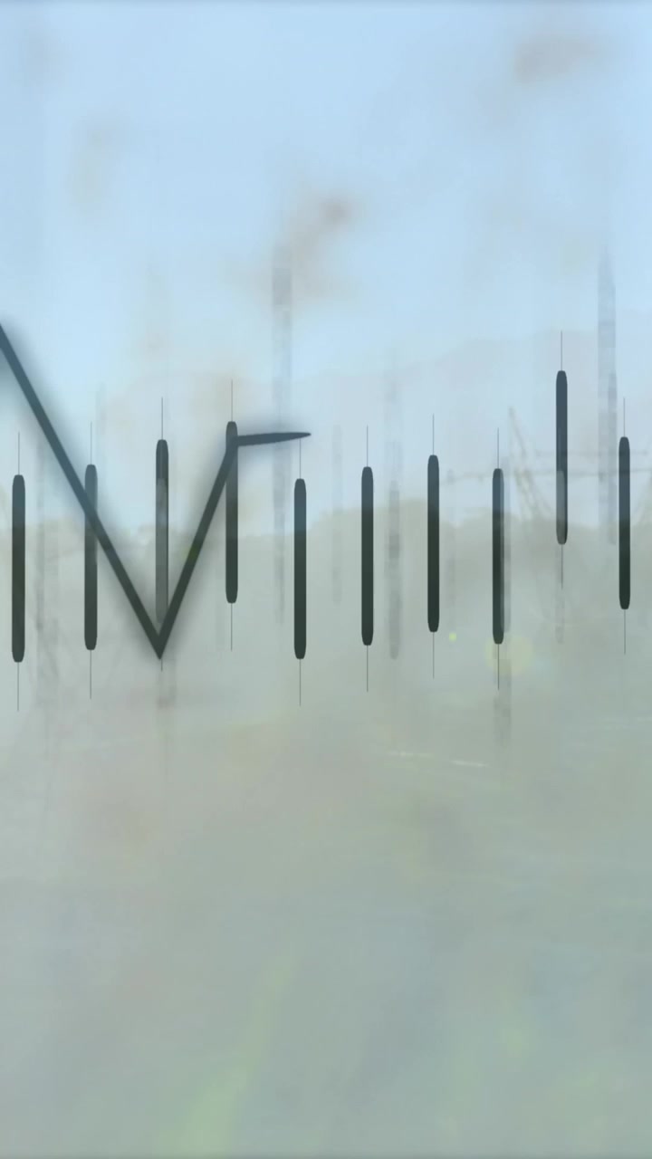 Animation of financial data processing over electricity pylons and landscape