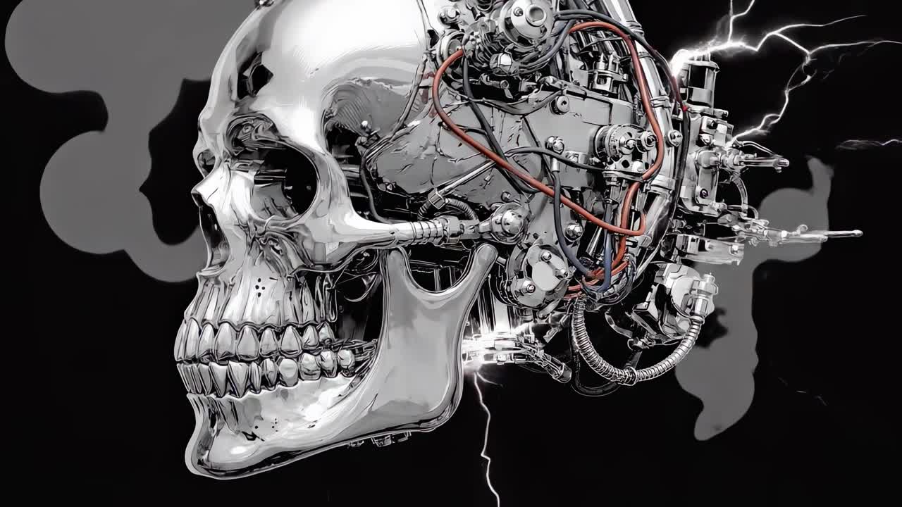 Teschio metallico futuristico con dettagli intricati, catturato da un'angolazione laterale, ideale per utilizzo video