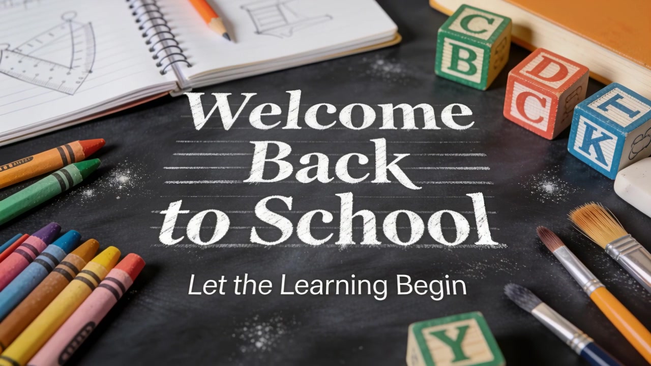 Showing cam zooming inward toward Welcome Back sign on desk, highlighting chalk dust, crayons
