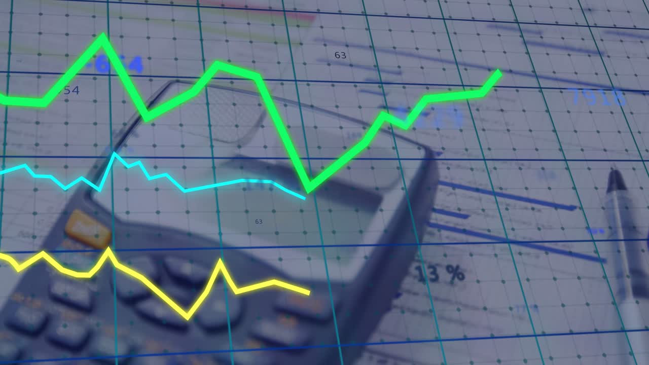 At start colored trend lines drawing across graph while calculator rising visualizing market trends