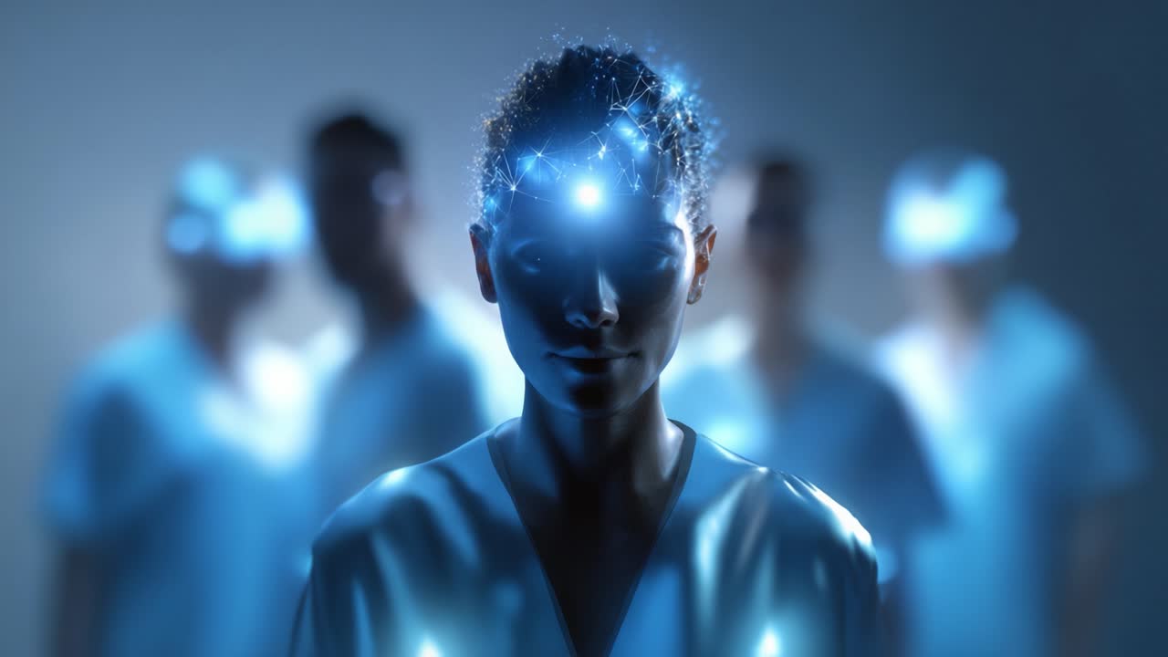 Esplorando l'intersezione tra tecnologia e assistenza sanitaria: una rappresentazione futuristica di professionisti del settore medico che utilizzano interfacce neurali avanzate