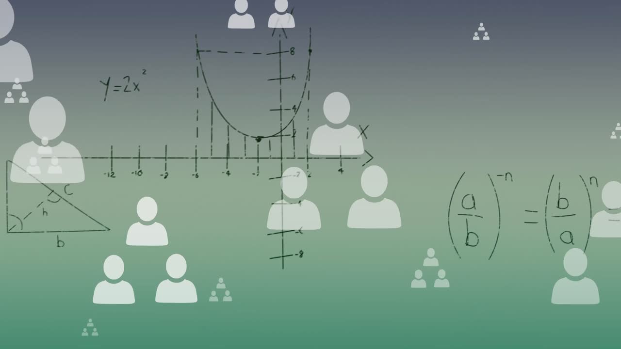 animación de iconos de perfil sobre diagramas y ecuaciones matemáticas contra un fondo abstracto.