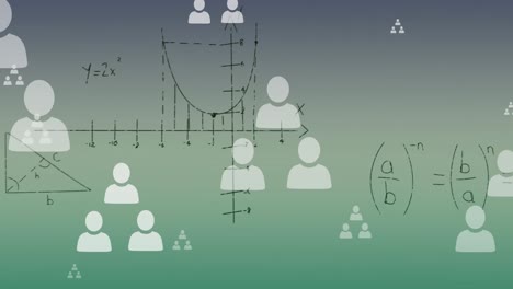 Animation-of-profile-icons-over-mathematical-diagrams-and-equations-against-abstract-background