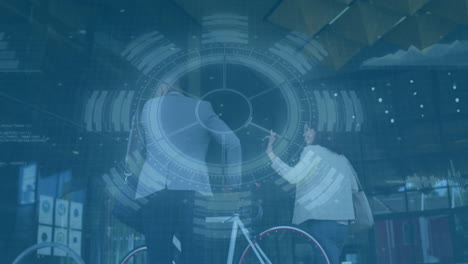 Business professionals standing beside bicycle outside office, interacting with digital HUD overlay