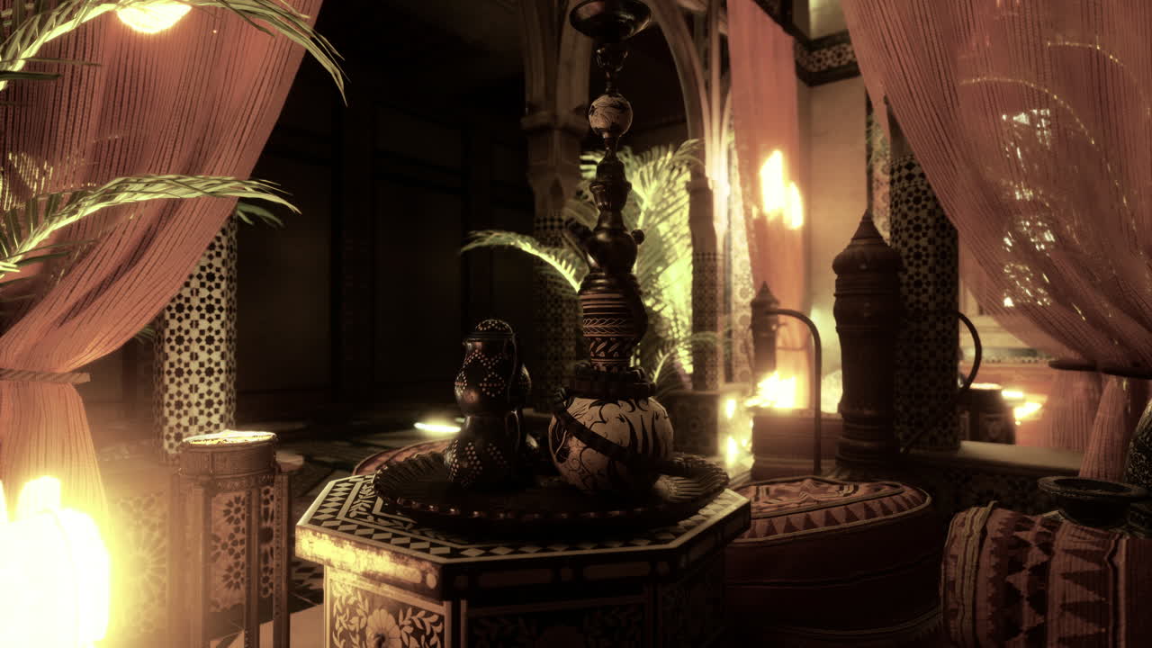 A cozy hookah lounge is softly illuminated with warm lights