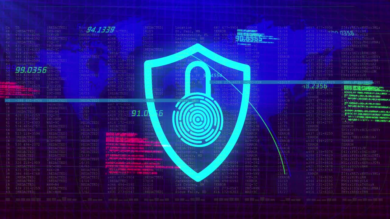 animación de un escudo digital con candado y huella digital sobre el procesamiento de datos y el mapa del mundo