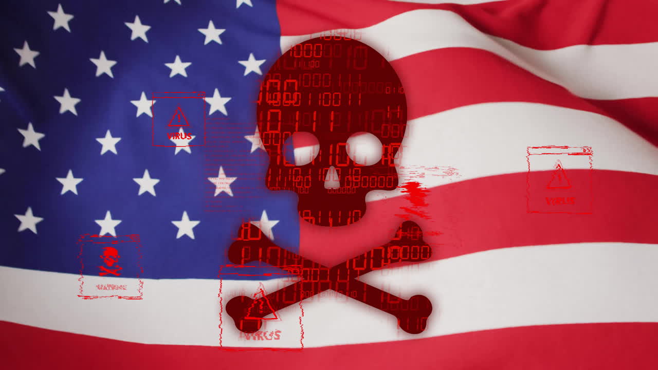 미국 국기 배경에 바이러스 경고 애니메이션이 있는 두개골과 십자