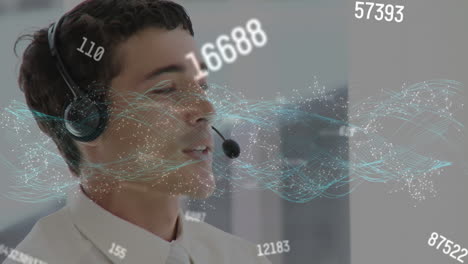 animation of data processing over businessman wearing phone headset