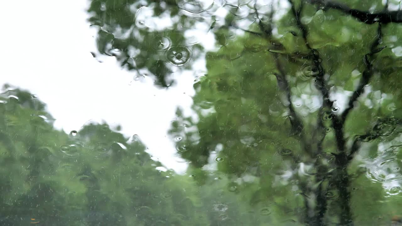 View of the heavy rain through the car front window glass, 4k footage real time footage, focused on the rains.