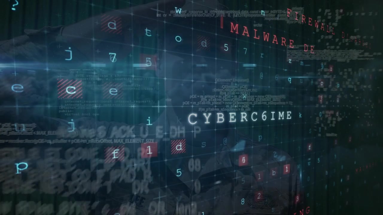 Animation of cyber attack warning over data processing on black background