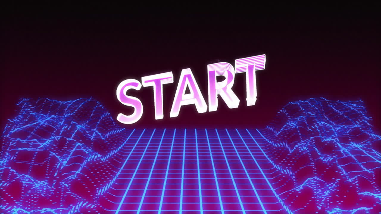 Animation of start text over digital waves on black background