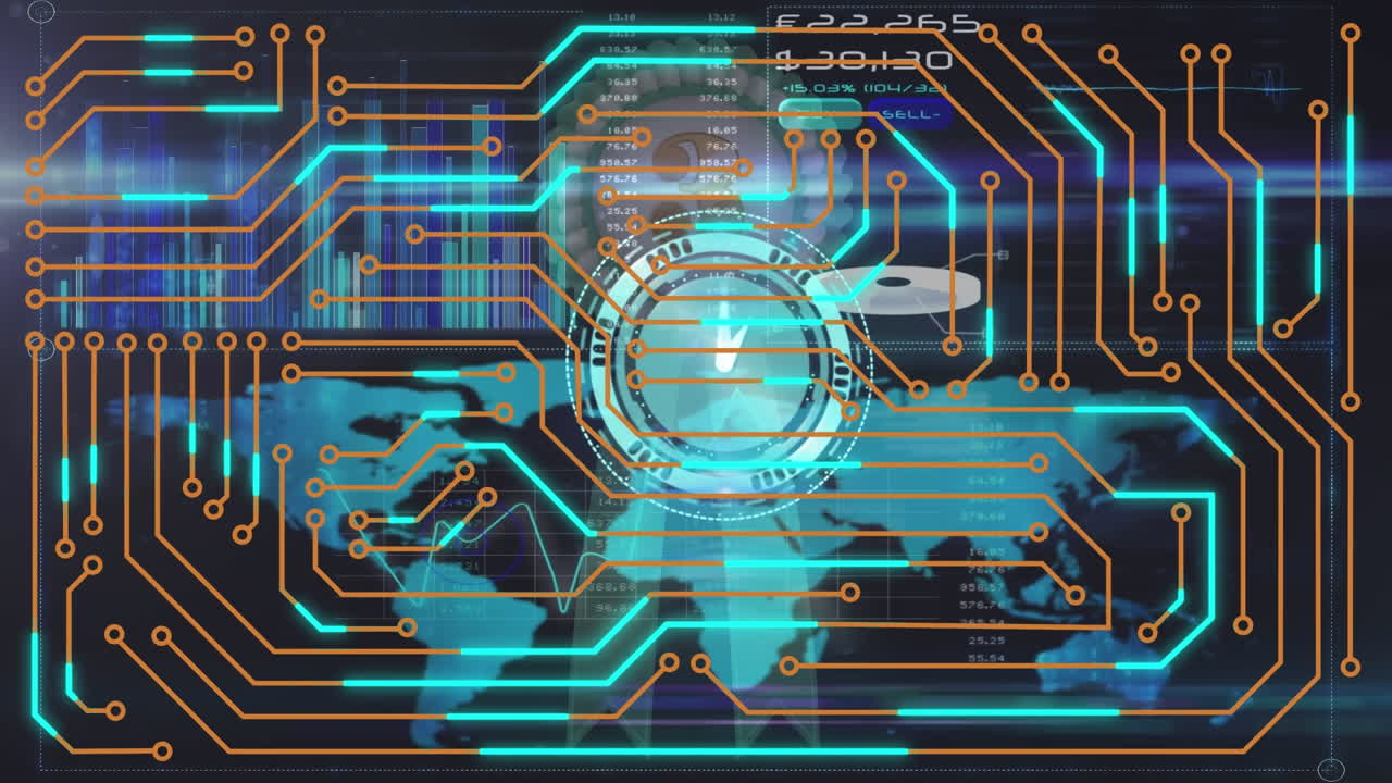 블랙 배경에 있는 집적 회로 위의 시계와 세계 지도의 애니메이션