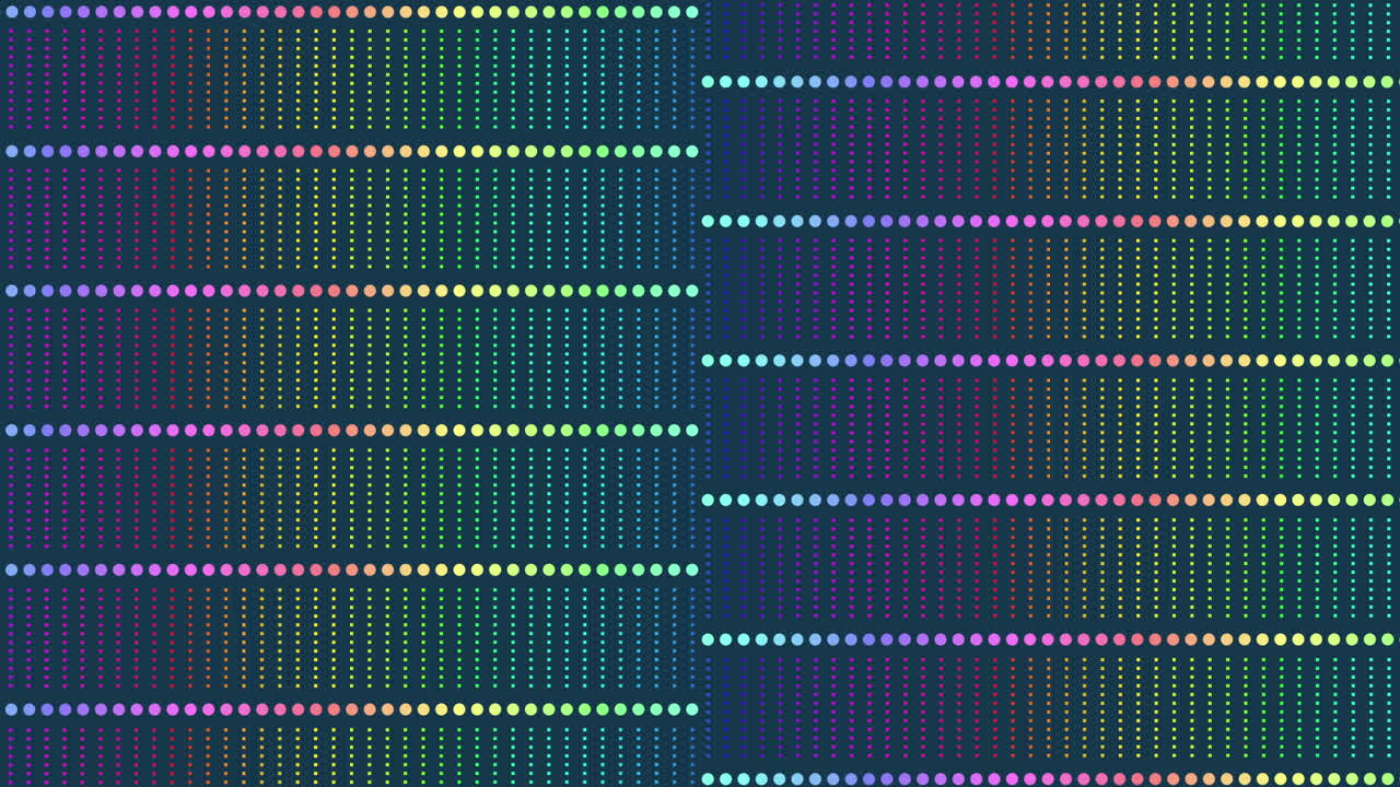 Vibrant abstract of colorful neon dot grid with moving rainbow lines on a dark background, ideal as a modern digital backdrop for technology, music visuals, presentations and motion design projects