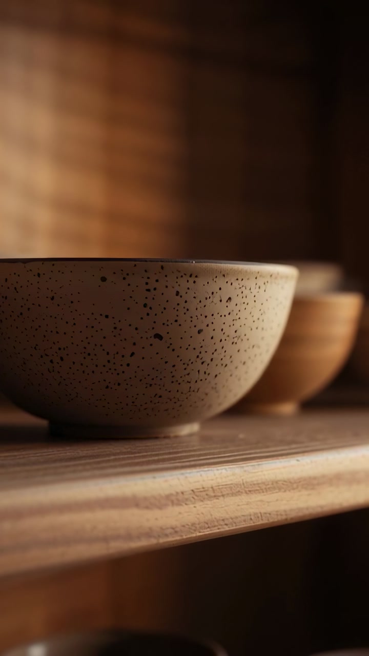 Vertical video: Moving camera back revealing speckled bowl on shelf with small bowl, showing glaze