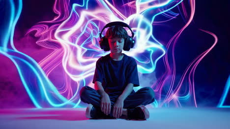 boy listening to music in neon lights