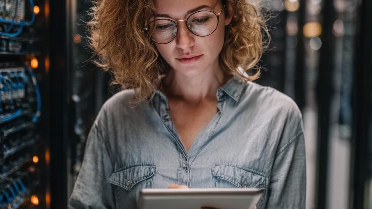 Una persona concentrata lavora diligentemente su un tablet in una sala server, mettendo in mostra il connubio tra tecnologia ed esperienza nella gestione dei dati mentre è circondata da rack server