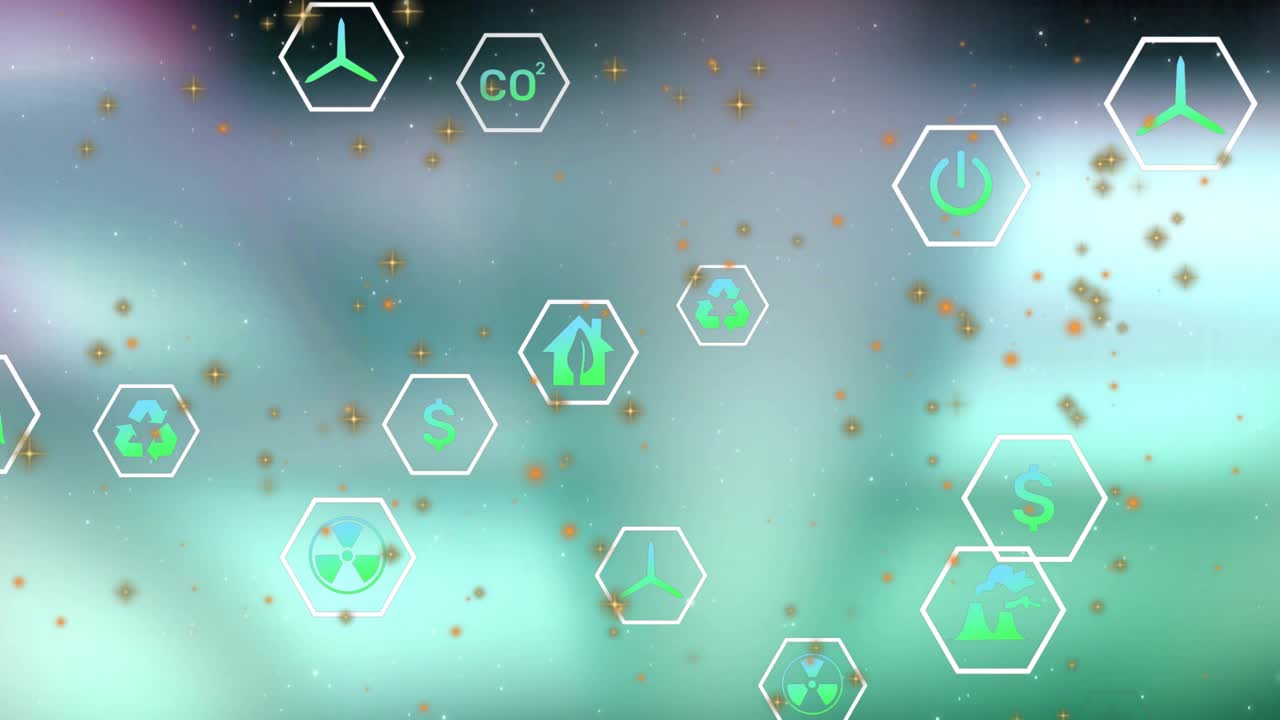 Teal-purple gradient starting hexagon icons floating outward showing eco interface