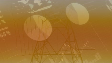 animación de la interfaz infográfica y gráficos sobre la torre de transmisión contra el cielo