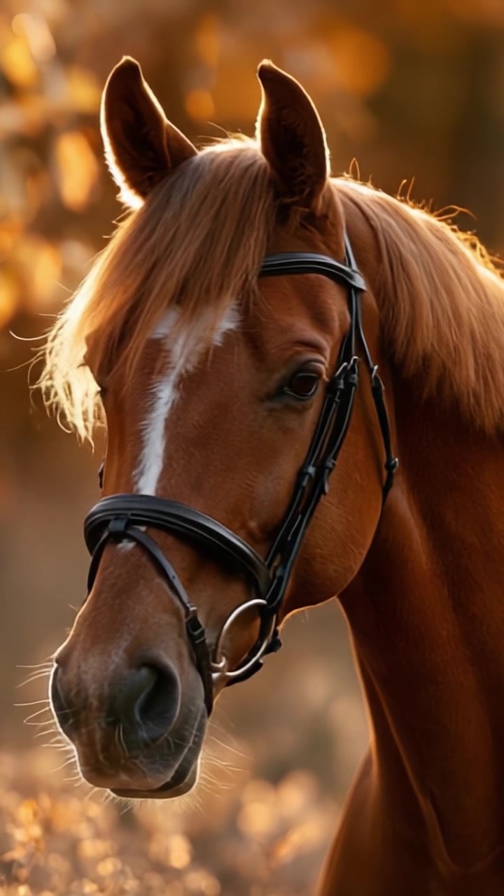 Un primo piano mozzafiato di un bellissimo cavallo catturato nella calda luce autunnale, che mostra le sue caratteristiche maestose e l'espressione aggraziata su uno sfondo naturale e delicato.