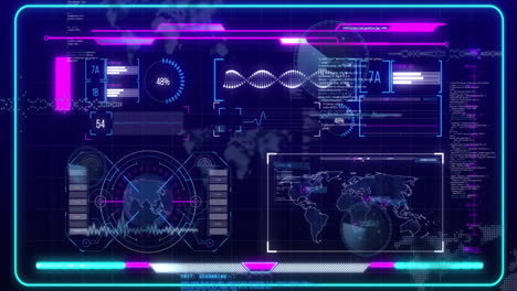 animación de la cadena de adn y procesamiento de datos en pantallas con fondo oscuro