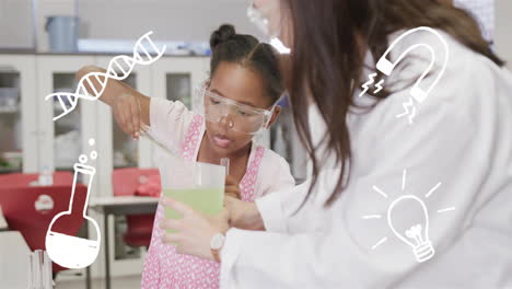 conducting science experiment, child and teacher with lab equipment animation