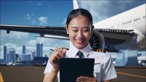 close up of asian woman pilot taking note on a tablet while standing in airfield with airplane on background